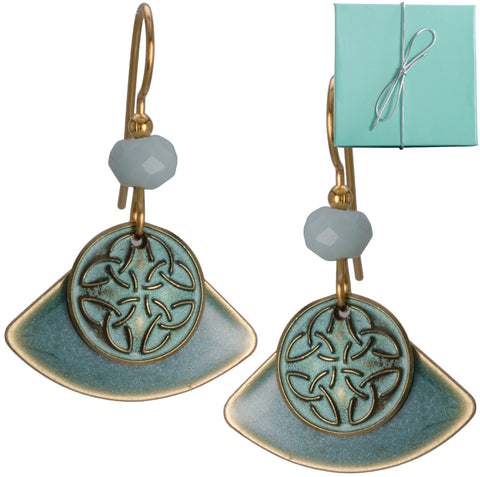 Bronzed Textured Dolphin Jumping Under Palm Tree & Blue Oval Disc Backdrop Earrings by Silver Forest