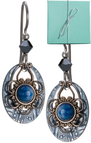 Bronze Crossing Palm Trees Layered over Oval Blue Background Dangling Earrings by Silver Forest