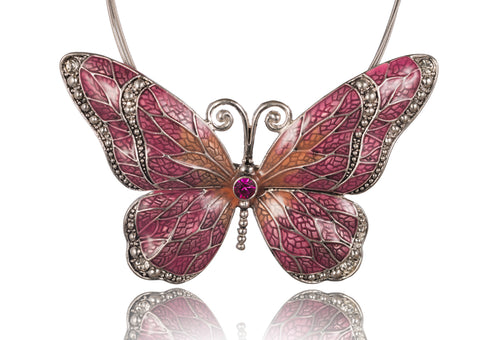 Butterfly Pendant Necklace with Enamel Inlay and Matching Earrings Set by Jewelry Nexus