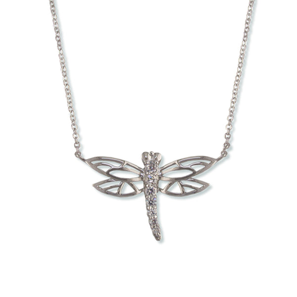 Highly Polished Silver-tone Dragonfly Pendant Necklace with 7 Crystals by Jewelry Nexus