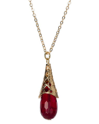 Gold-Tone Filigree Red Tear Drop Stone Pendant Chain Necklace by Jewelry Nexus
