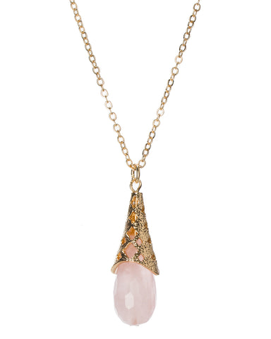 Gold-Tone Filigree Cream Glass Stone Tear Drop Stone Pendant Chain Necklace by Jewelry Nexus