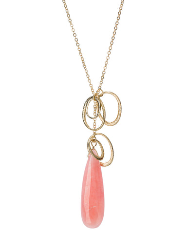 Gold-Tone Long Tear Drop Chain Pink Peach Coral Stone Hoop Loop Necklace by Jewelry Nexus