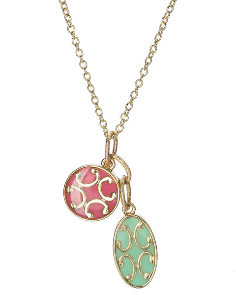 Gold-Tone Horseshoe Filigree Small Pink Circular & Green Oval Enamel Pendant Charm Necklace