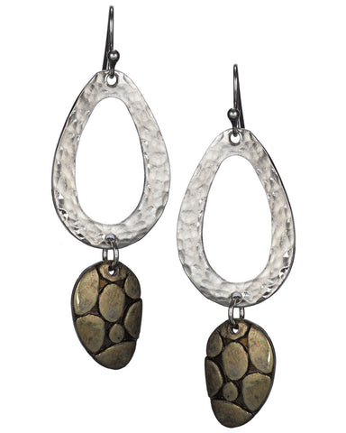 Hammered Oval & Stippled Dangling Pebble Earrings by Jewelry Nexus