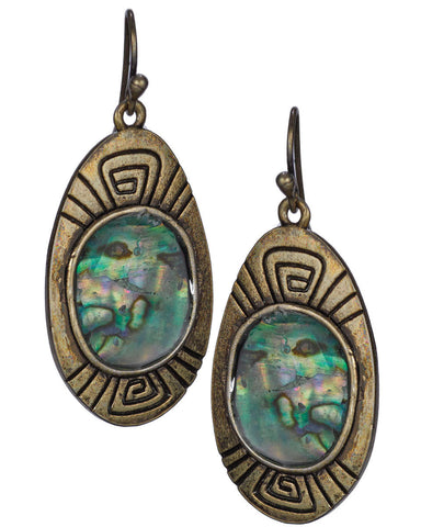 Etched Abalone Shell Squaring Swirl Pattern Dangle Earrings on a French Wire by Jewelry Nexus