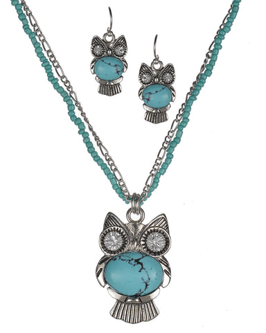 Figaro Layered Bead Chain and Owl with Crystal Eyes and Earrings by Jewelry Nexus