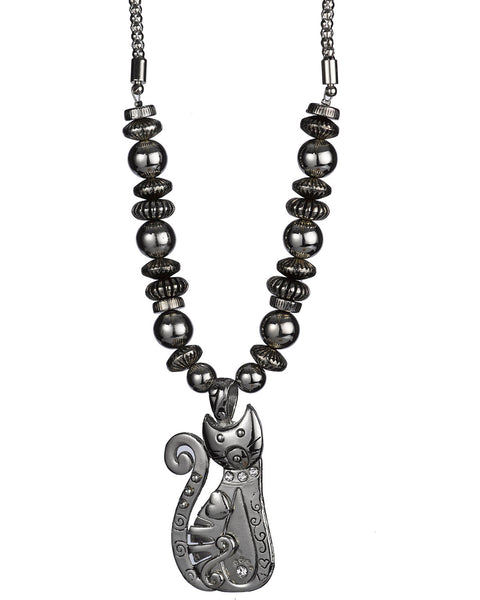 Beaded Kitty Cat Popcorn Chain Necklace with Rhinestones & Matching Earrings by Jewelry Nexus