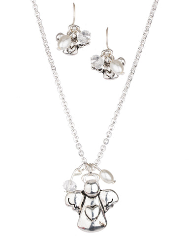 Dragonfly Rhinestone & Heart Filigree Pendant Necklace Earring Set - Jewelry Nexus