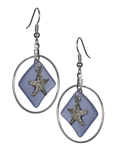Mermaid Memories Polished Starfish on Sea Glass Dangling on French Wire Earrings