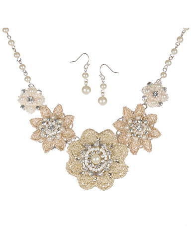 Textured Fabric Beaded Crystal Flower Necklace Set By Jewelry Nexus
