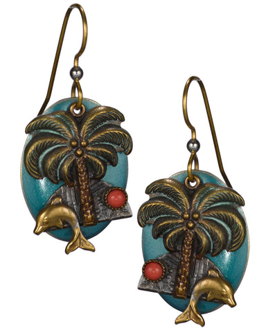 Bronze Crossing Palm Trees Layered over Oval Blue Background Dangling Earrings by Silver Forest