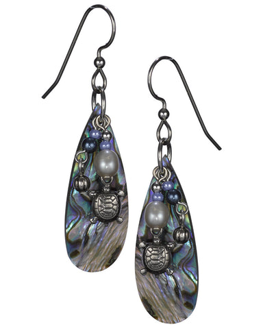 Dainty Silver Turtle & Dangling Beads Layered over Abalone Tear Drop Shell Earrings by Silver Forest