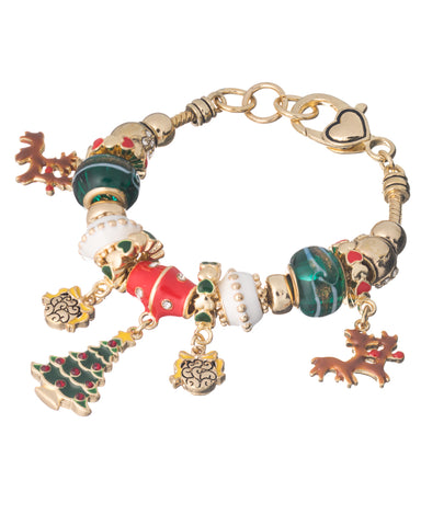 Green Christmas Tree Red Reindeer Yellow Tinsel Cluster Heart Charm Bracelet - Jewelry Nexus