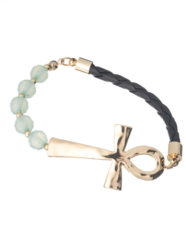 Hammered Ankh Cross Bead & Black Leather Stretch Bracelet by Jewelry Nexus