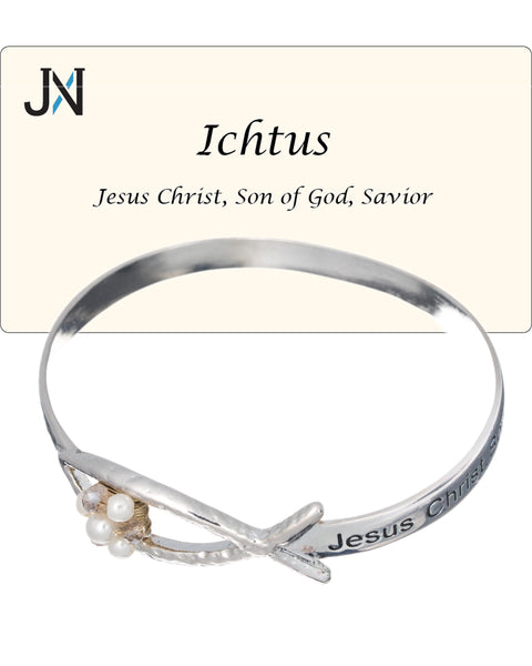 Ichtus Prayer Engraved with Imitation Pearl & Crystal Bracelet "Jesus Christ Son of God Savior"