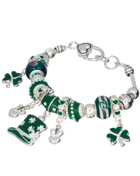 Irish Theme St.Patricks Day Clover Green Multi Bead Charm Bracelet by Jewelry Nexus