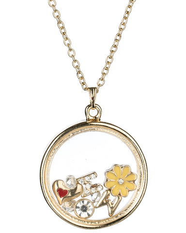 MOM Theme Heart & Yellow Flower Floating Charm Locket Necklace