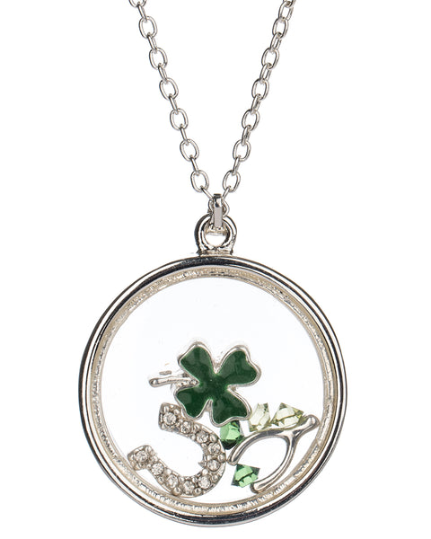 Irish Theme Clover Wishbone Horseshoe & Luck Floating Charm Locket Necklace