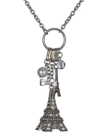 Eiffel Tower Paris Theme 36" Necklace Imitation Pearl & Bow Ribbon by Jewelry Nexus