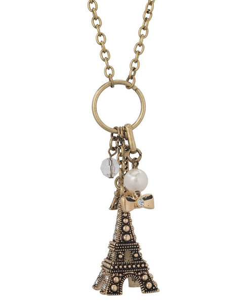 Eiffel Tower Paris Theme 36" Necklace with Pearl & Bow Ribbon by Jewelry Nexus