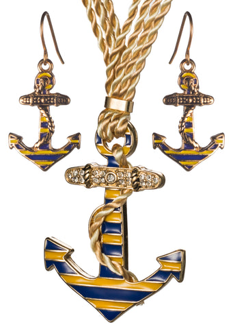 Anchor Heart Cross & Imitation Pearl Long Rosary Necklace & Earring Set