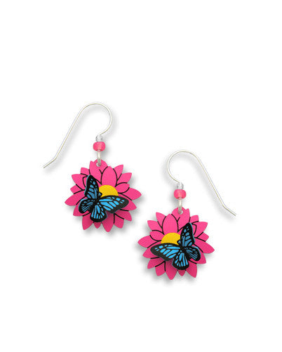 Butterfly on Pink Flower Earrings, Handmade in USA by Sienna Sky 1592