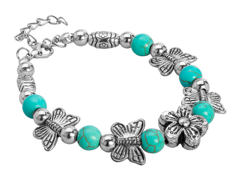 Blue Textured Beads Butterfly with Flowers Bracelet with Ball Beads by Jewelry Nexus