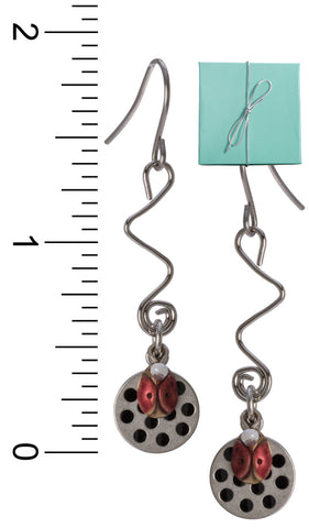 Layered Lazy Coil Polka Dot Disc & Red Ladybug Drop Earrings & Bead on Surgical Steel Silver Forest
