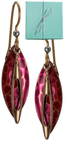Layered Hammered Cats eye Petal Red Bronze-tone Earring Bead Gold-tone Surgical Steel Ear Wire