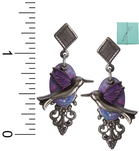 Silver-tone Hummingbird Oval Purple Textured Filigree Earrings on Surgical Steel Ear Wires