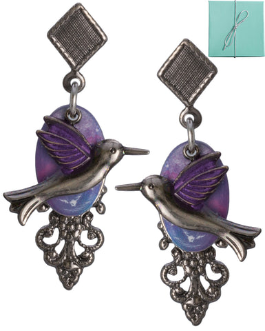 Silver-tone Hummingbird Oval Purple Textured Filigree Earrings on Surgical Steel Ear Wires