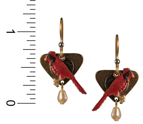 Red Cardinal Pearl Triangle Hammered Textured Earrings Bead Gold-tone Surgical Steel - Silver Forest