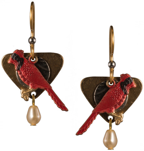 Red Cardinal Pearl Triangle Hammered Textured Earrings Bead Gold-tone Surgical Steel - Silver Forest