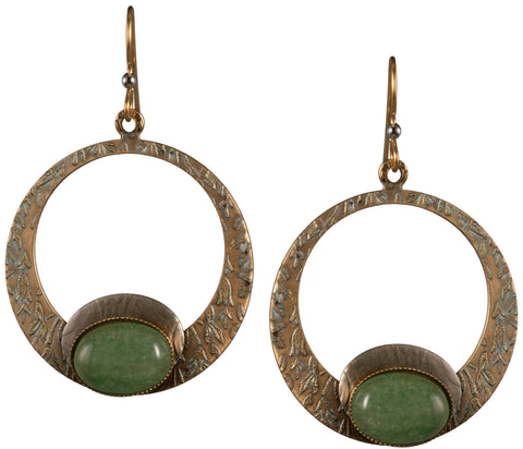 Round Green Stone Texture Hammered Stone Drop Earrings Gold-tone Surgical Steel - Silver Forest