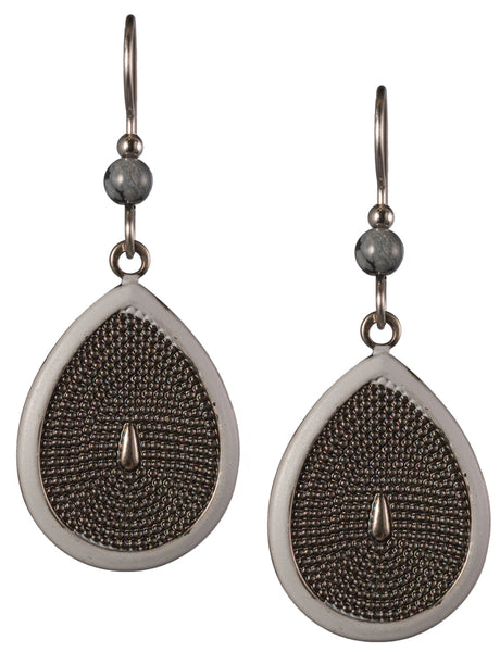 Silver-tone Braid Obsidian Tear Textured Finish Drop Earrings on Surgical Steel Ear Wire