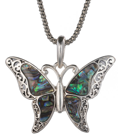 Green Abalone Butterfly Pendant with Popcorn Chain Necklace with Matching Earrings