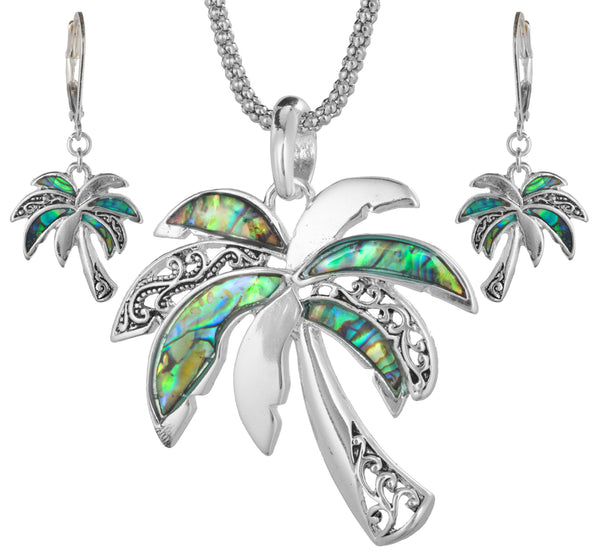 Green Abalone Palm Tree with Filigree Pattern in a Silver-tone Popcorn Chain & Earrings