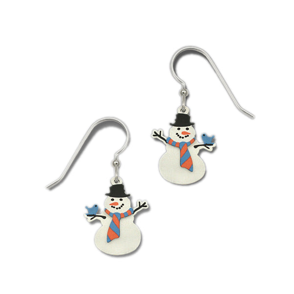 Two-Part Snowman Top Hat Bluebird & Necktie Dangle Earrings By Sienna Sky 1287