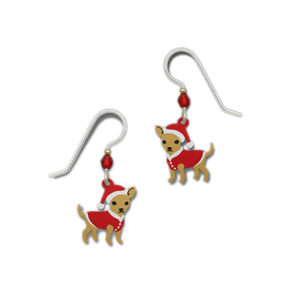 Christmas Theme Chihuahua with Red Sweater and Santa Hat Dangle Earrings By Sienna Sky 1614
