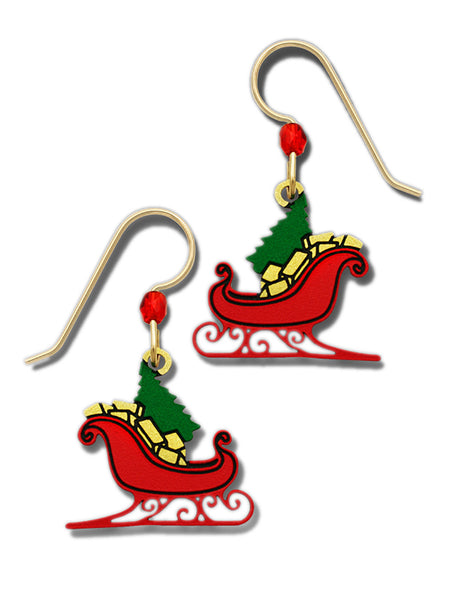 Red Christmas Sleigh Dangle Earrings with Tree and Gifts By Sienna Sky 1780