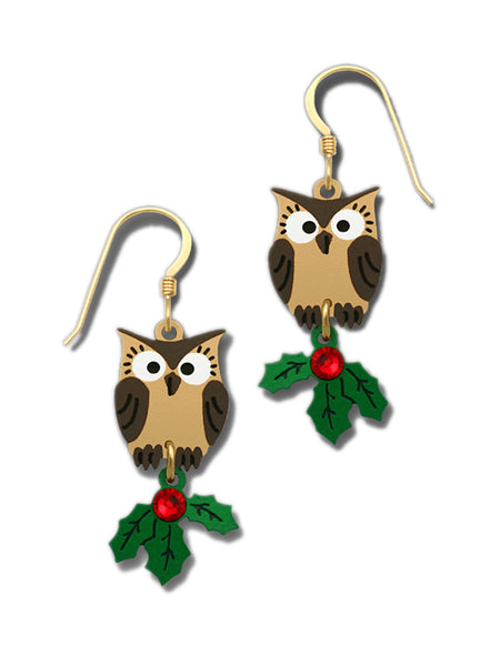 Doe Eyed Brown Owl with Green & Red Christmas Holly Earrings By Sienna Sky 1788