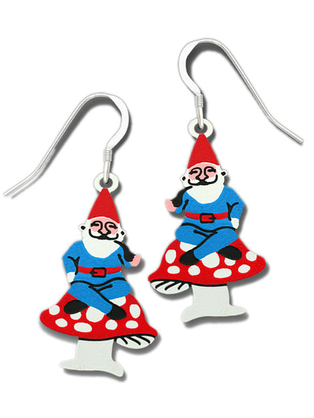 Red Hat Garden Gnome on a Red-Spotted Mushroom Earrings By Sienna Sky 1792