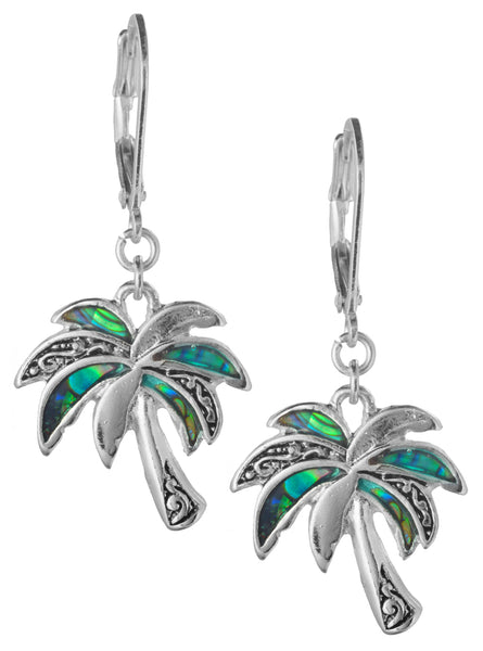 Green Abalone Palm Tree with Filigree Pattern in a Silver-tone Popcorn Chain & Earrings