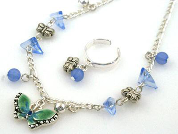 Enamel Butterfly & Blue Rhinestone Cable Link Anklet & Toe Ring Combo - Jewelry Nexus
