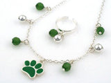 Dog Paw & Green Rhinestone Cable Link Anklet & Toe Ring Combo - Jewelry Nexus