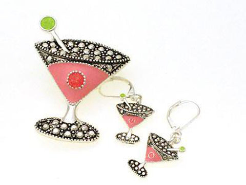 Crystal Martini Glass Dual Function Brooch & Pendant Popcorn & Necklace & Earring Set