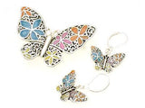 Multicolor Flower Filigree Butterfly Dual Function Brooch & Pendant with Popcorn Chain & Earrings