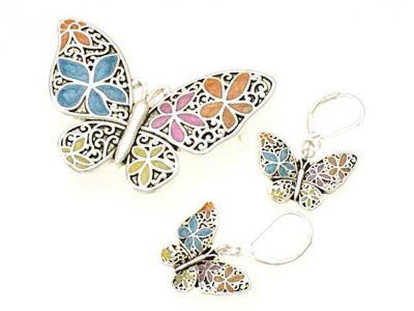 Multicolor Flower Filigree Butterfly Dual Function Brooch & Pendant with Popcorn Chain & Earrings