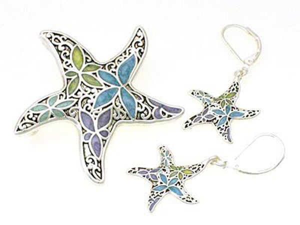 Multicolor Flower Filigree Starfish Dual Function Brooch & Pendant with Popcorn Chain & Earrings